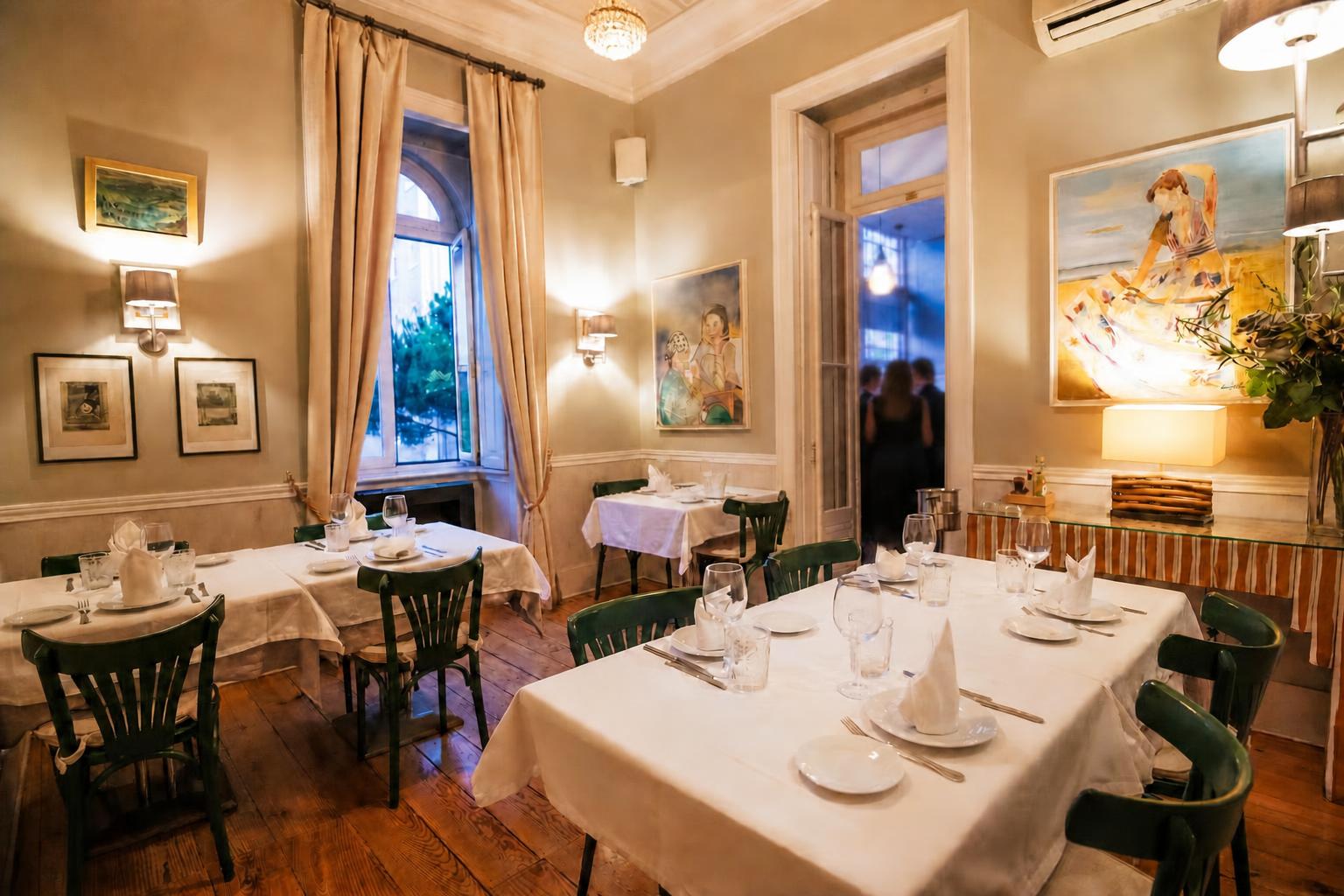 Uma mesa posta junto a um candeeiro de pé e cortinados altos na Villa Sabóia